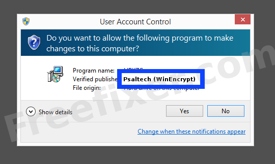 Screenshot where Psaltech (WinEncrypt) appears as the verified publisher in the UAC dialog